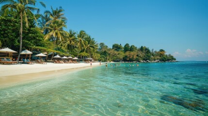 Naklejka premium A seaside resort with palm trees, a pristine sandy beach, and crystal-clear turquoise waters, people lounging on sunbeds, and the sky clear and blue, creating a perfect tropical getaway scene