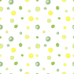 seamless pattern with watercolor green and yellow circles on white background