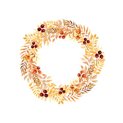 Boho gold leaves wreath. Watercolor illustration of floral elements hand painted. Autumn dried plants in vintage colors for postcard template