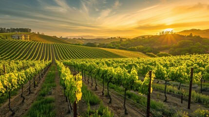 A scenic vineyard with rows of grapevines, a charming farmhouse, and rolling hills in the background, the sun setting and casting a warm golden light, creating a tranquil and idyllic wine country