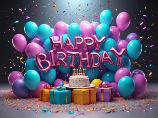 happy birthday background with luxury balloons and confetti