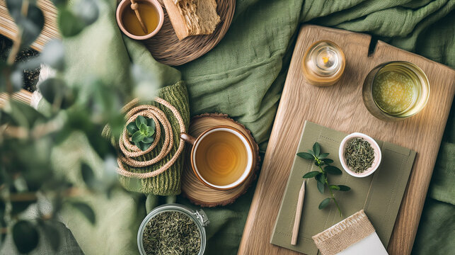 A table with various items including tea, herbs, and candles