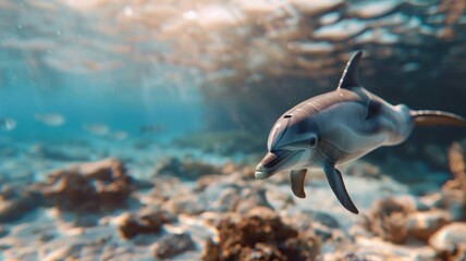 Obraz premium Dolphin near ancient shipwreck, silhouette illuminated by ambient light, soft light filtering through water, mysterious and exploratory.
