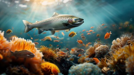 School of salmon swimming in deep blue ocean, shimmering scales, vibrant coral reefs, marine life, underwater scene, reflective and colorful.