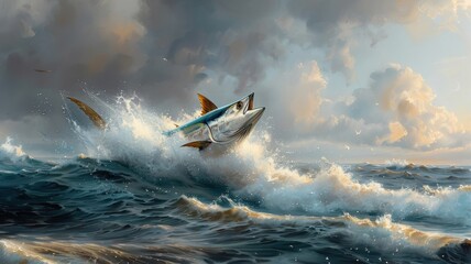 Fototapeta premium Tuna navigating stormy sea, turbulent waves, dark clouds, resilience, strength, dramatic scene, challenging conditions.