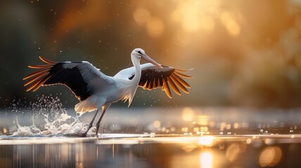 A stork spreads its wings at sunset over a serene lake. © cloud7days