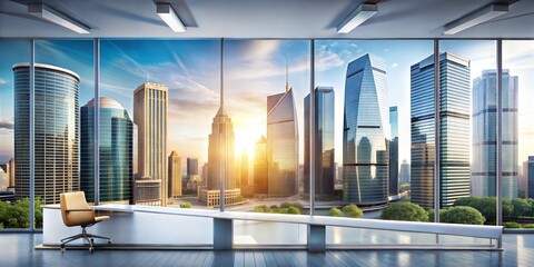 Professional business banner with sleek skyscrapers and modern office settings in the background