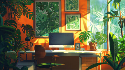 A computer desk with a monitor and a chair