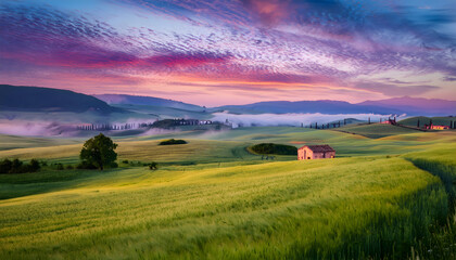 Rice fields in the morning and a small house in the middle of the rice fields in the countryside.