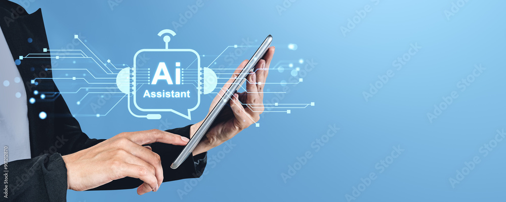 Poster person interacting with a tablet showing an ai assistant icon and circuit lines on a blue background