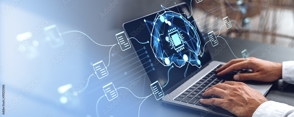 Poster man using laptop, ai document management and brain hologram hud
