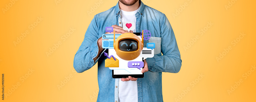Poster man showing mockup tablet, robot with social media icons and speech bubbles