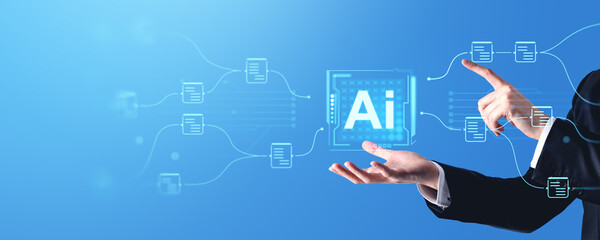 Man hands and finger touch AI document management system hologram hud
