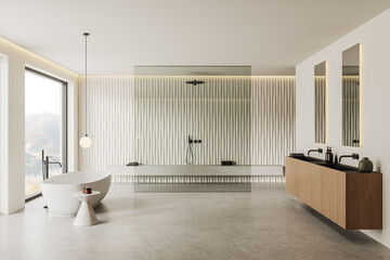 Hotel bathroom interior with bathtub, shower and double sink. Panoramic window