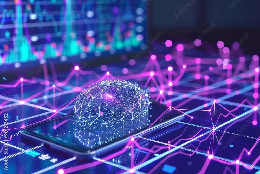 Poster digital brain hologram with neon lights in a futuristic lab emphasizing advanced technology and cogn
