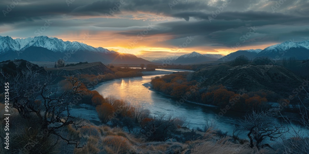 Poster Sunset Over Mountains and River