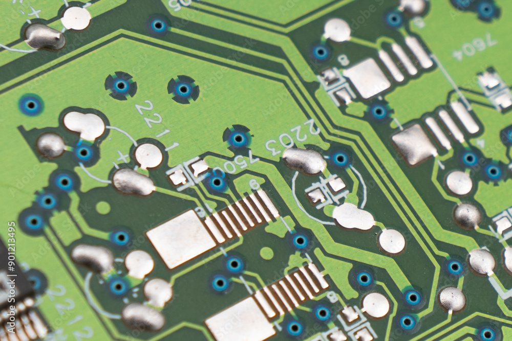Poster circuit board with resistors microchips and electronic components background. computer hardware tech