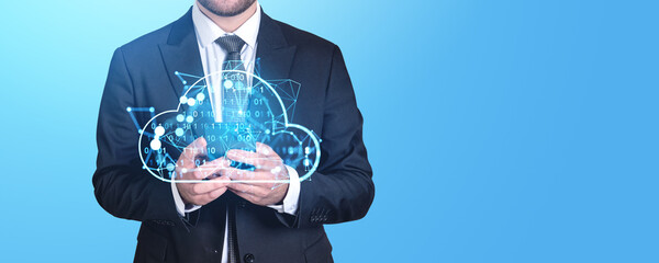 Man using phone and binary cloud hologram, data storage and backup. Copy space