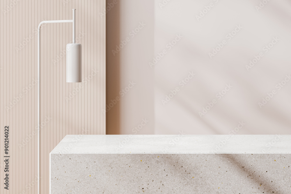Poster minimalist product display with terrazzo table and modern lamp. 3d rendering