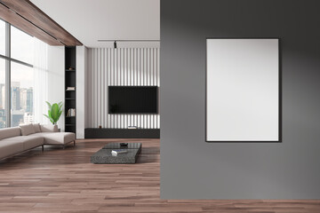 Empty poster mockup in modern living room with city view. 3D Rendering