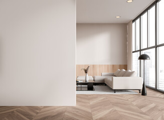 Beige home living room interior with sofa and coffee table, window. Mockup wall