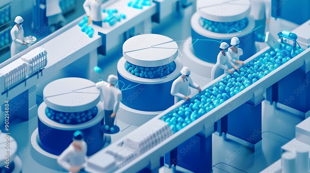 Poster automated factory production line with robotic machinery and conveyor belt