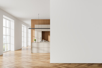 Modern kitchen interior with blank white wall for mockup. 3D Rendering