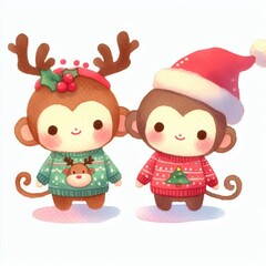 Fototapeta premium Two cute monkeys dressed in Christmas sweaters. One wears reindeer antlers, the other a Santa hat.