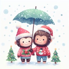 Two cute monkeys in Christmas sweaters share an umbrella under falling snow.