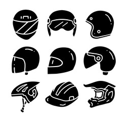 Collection of Silhouette cartoon doodle of Helmet, Vector, Illustration.