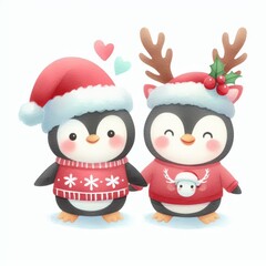 Obraz premium Two cute penguins wearing Christmas sweaters and hats, holding hands.