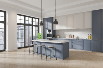 Modern Kitchen with Blue Cabinets and City View. 3D Rendering