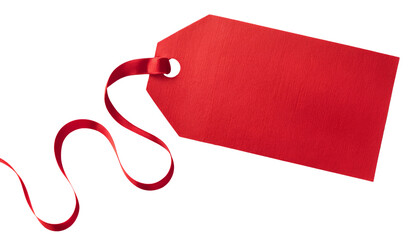 Red gift tag with red ribbon isolated on white