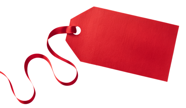 Red gift tag with red ribbon isolated on white