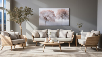 Obraz premium White sofa and armchairs in scandinavian style home interior design of modern living room