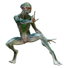 3D Rendering Green Alien on White