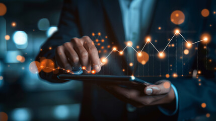 Businessman in a suit with no face uses a tablet to work and complete tasks, technology schedule, investments