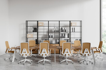 White meeting room interior with board and armchairs, panoramic window