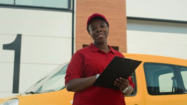 Low angle portrait of cheerful black delivery woman writing in document folder and smiling at camera against background of yellow van and modern warehouse