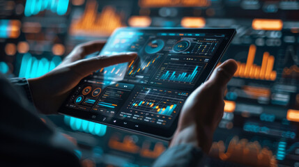 Businessman in a suit with no face uses a tablet to work and complete tasks, technology schedule, investments