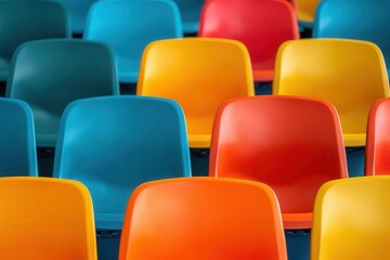 Abstract design of empty stadium seats in vibrant colors, blank sport arena, artistic composition
