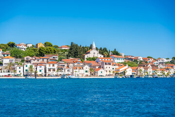 Panoramic wiew of Rogoznica town from blue Adriatic sea in Croatia