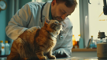 Professional vet doctor. Veterinarian examines a cat during a health check-up, underscoring responsible pet ownership.