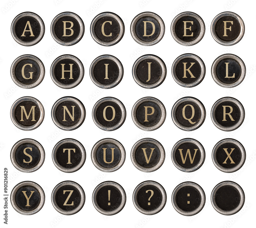 Fototapete set of old typewriter keys with alphabet on it isolated on transparent background