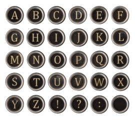 Set of old typewriter keys with alphabet on it isolated on transparent background