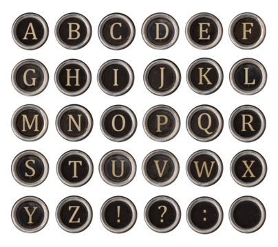 Set of old typewriter keys with alphabet on it isolated on transparent background