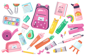Vector set of school supplies for study, education, school, university in kawaii style. Back to school. Backpack, book, paints, ruler, pen, pencil, notebooks, writing supplies for girls