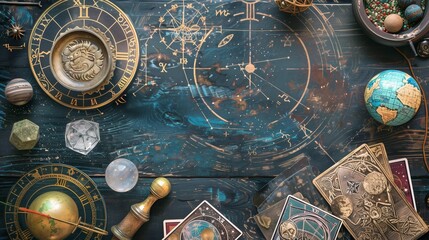 A dynamic flat lay of an astrologer's desk with divination tools 