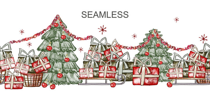 Watercolor winter seamless bordrer with Christmas tree, sleds, gifts and decor. Hand drawn illustration in sketch style. Template for greeting cards, wrapping and textile.