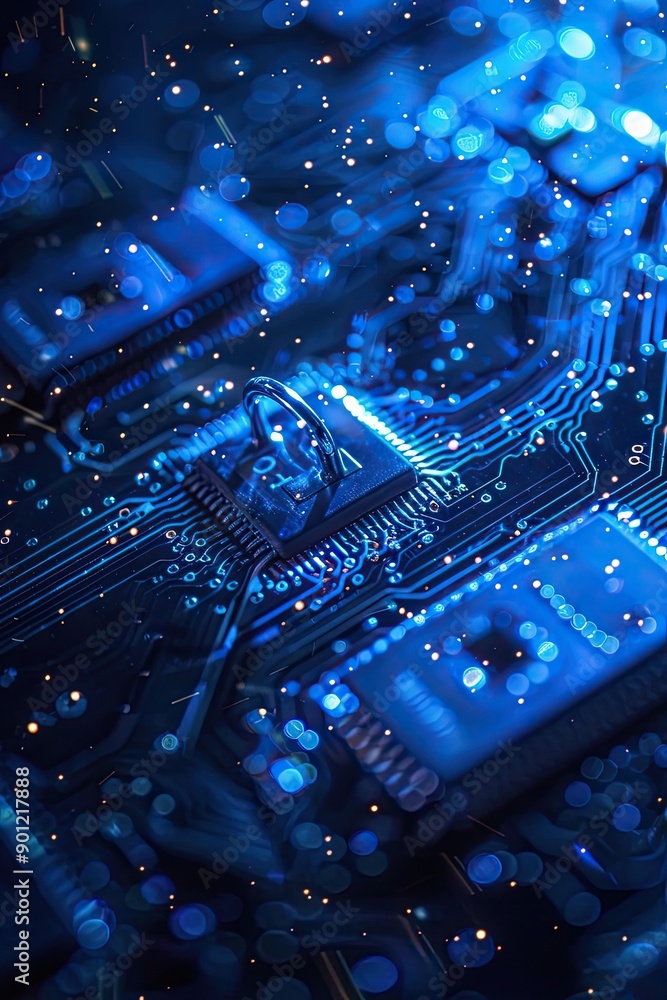Poster a close-up of a circuit board with a metallic loop, illuminated with blue and orange lights